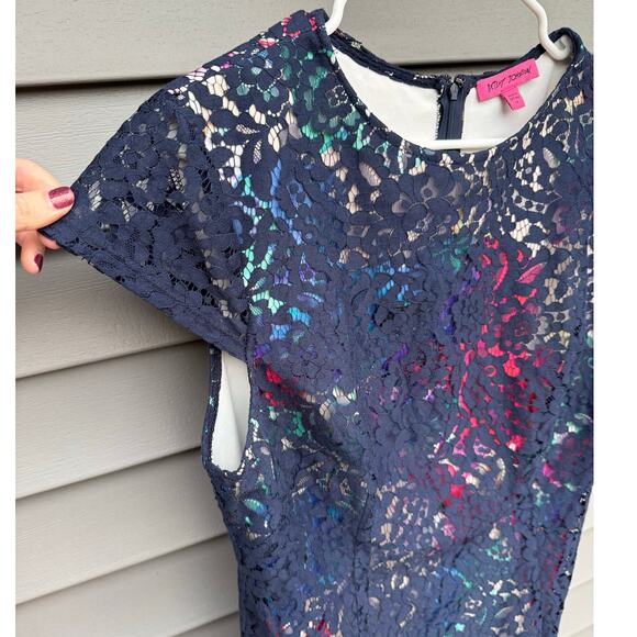 Betsey Johnson size 14 Navy Lace Overlay Floral Sheath Dress - Picture 12 of 13